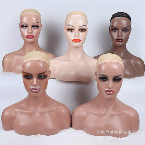 A origem da fábrica de cabelo falso modelo atacado pvc exibição feminina pele preta modelo europeia cabeça falsa ombro modelo cabeça