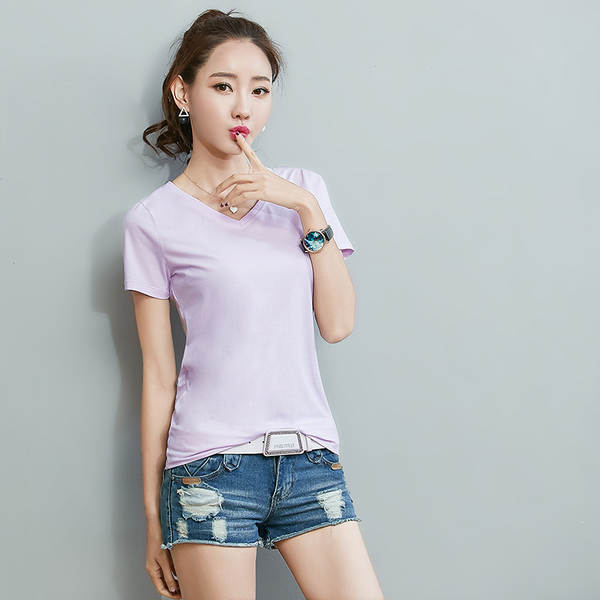 2026 Novas roupas femininas de cor pura Corpo Simples T-Shirt Curtas 1688 Esmalte T-Shirt branco V-Collage T-Shirt