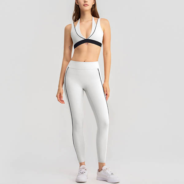 Férias transfronteiriças dois pedaços de cor branca corrida calças de fitness V colar de pescoço esportes roupas íntimas peito yoga roupa de roupa