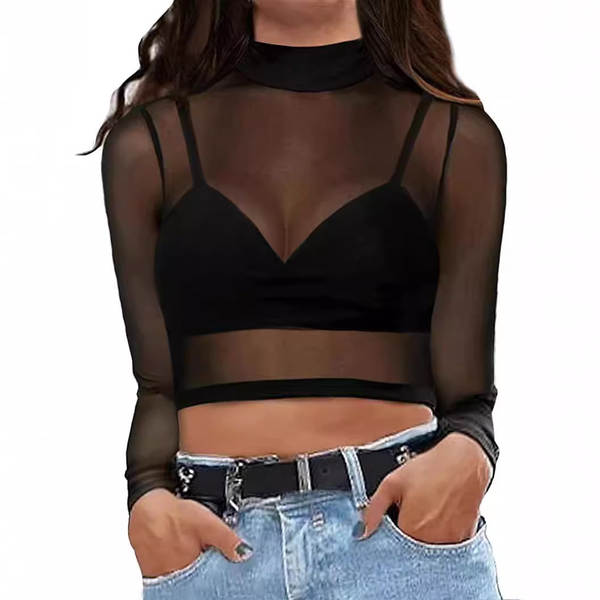 Camiseta feminina de malha transparente