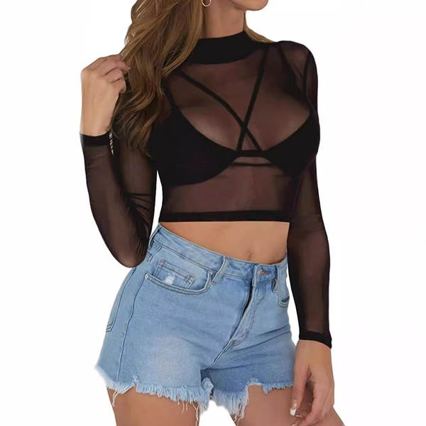 Camiseta feminina de malha transparente