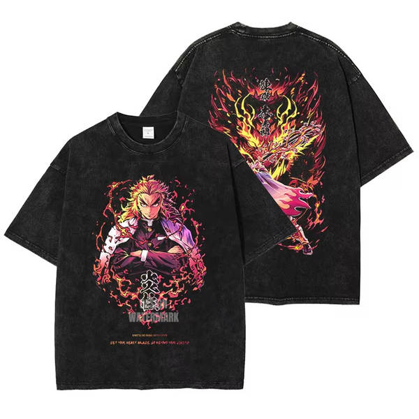 2025 Demon Killer Anime T-Shirt Rengoku kyyoujurou T-Shirt para homens de alta qualidade de algodão puro