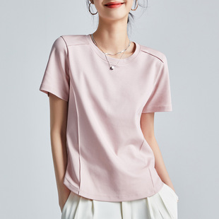 2026 Novas roupas femininas de cor pura Corpo Simples T-Shirt Curtas 1688 Esmalte T-Shirt branco V-Collage T-Shirt