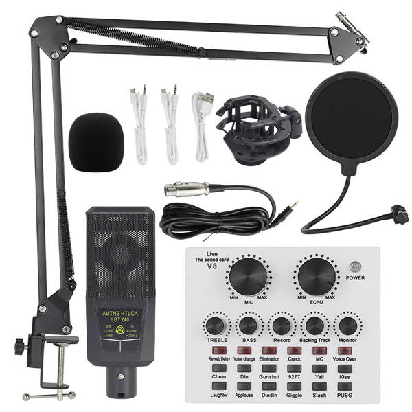 Transfronteiriço V8 Inglês de transmissão ao vivo da placa de som bm800 microfone bater de braço do telefone celular kit de cartão de voz podcast completo