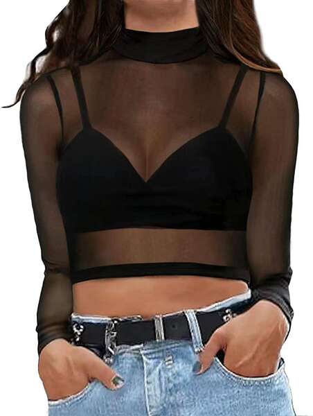 Camiseta feminina de malha transparente