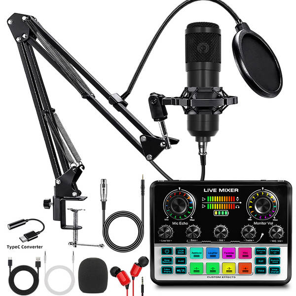 V8S cartão de som do celular Inglês kit de equipamentos de podcast bm800 microfone cantando celular F998 kit de transmissão ao vivo