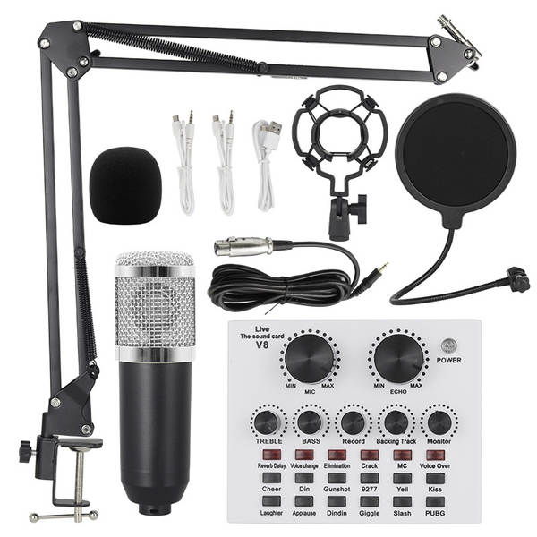 Transfronteiriço V8 Inglês de transmissão ao vivo da placa de som bm800 microfone bater de braço do telefone celular kit de cartão de voz podcast completo