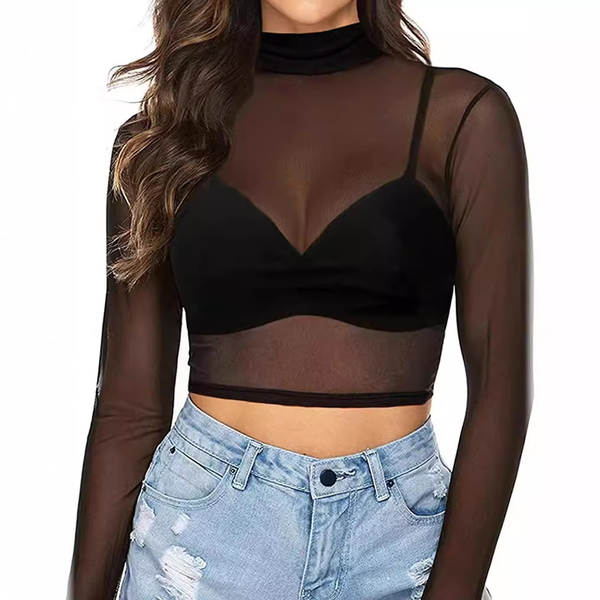 Camiseta feminina de malha transparente