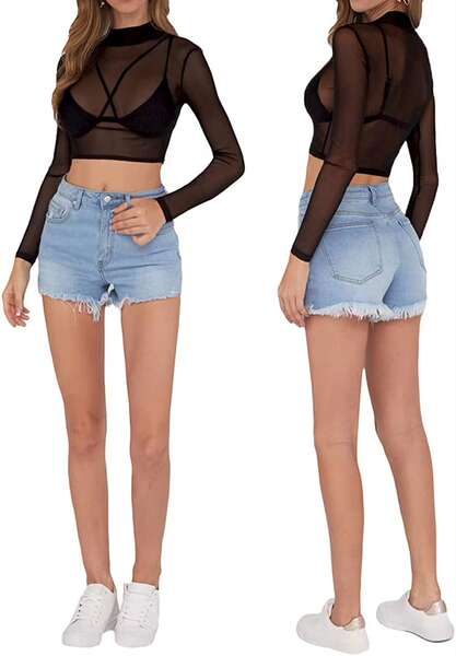 Camiseta feminina de malha transparente