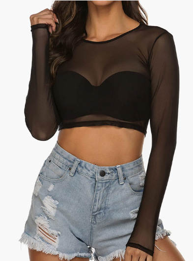 Camiseta feminina de malha transparente