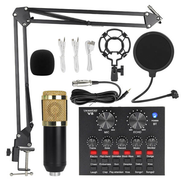 Transfronteiriço V8 Inglês de transmissão ao vivo da placa de som bm800 microfone bater de braço do telefone celular kit de cartão de voz podcast completo