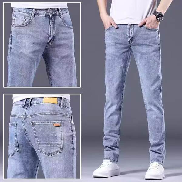 2025 Novo jeans masculino verão coreano coroado Pequenas pernas Longas calças masculinas elegantes calças de descanso flexíveis