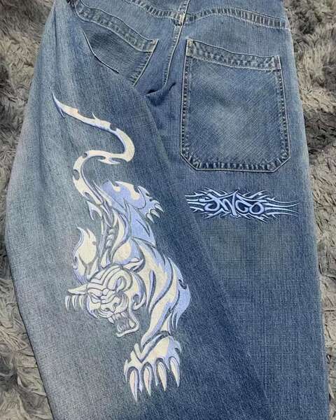 Transfronteiras JNCO Y2K Loose jeans masculino padrão hip-hop rua home homem calças largas