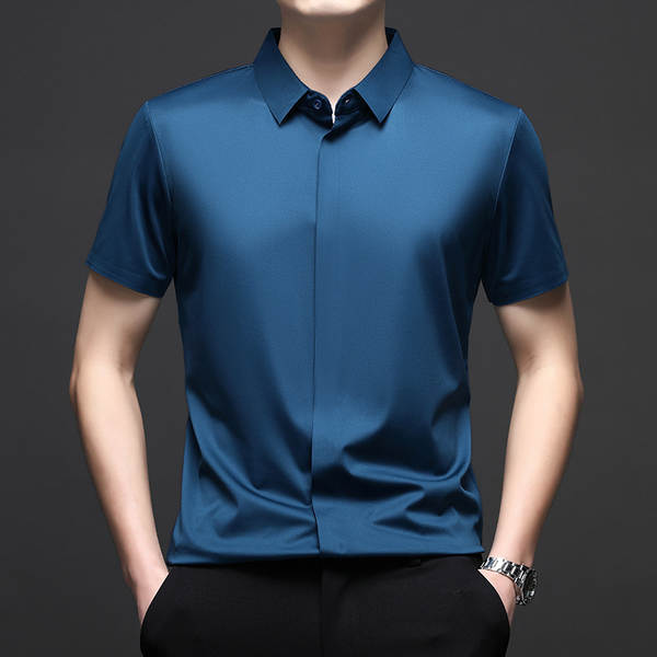 Camiseta de couro curto para homens moda 2026 verão resiliência de negócios de lazer pura camisa de gelo para homens