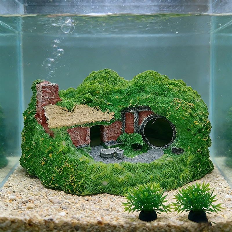 跨境热卖鱼缸造景装饰草屋树脂仿真茅草屋草房子水族工艺品摆件