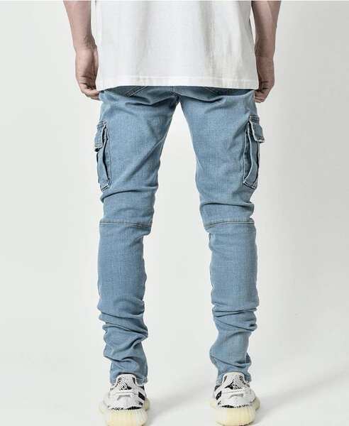 2022 Euro-americano transfronteiriço novo jeans masculino bolso lateral pequeno pé apertado jeans
