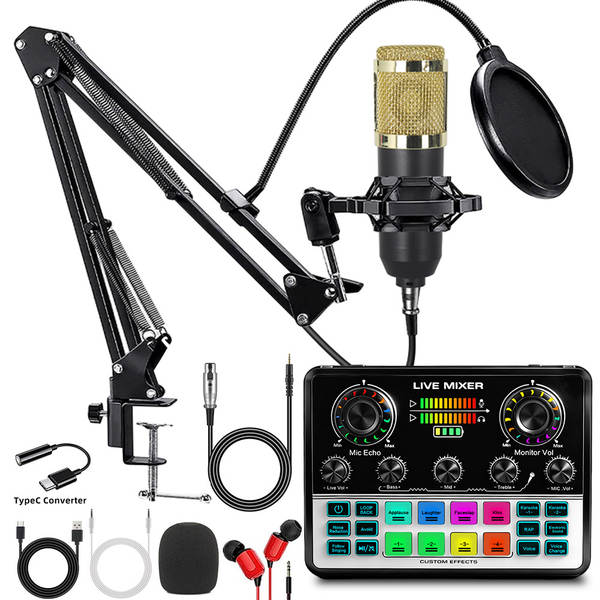 V8S cartão de som do celular Inglês kit de equipamentos de podcast bm800 microfone cantando celular F998 kit de transmissão ao vivo