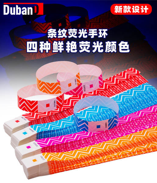 Fluorescente colorido de uma só vez resistente à água tiras de pulseira com bilhetes de parque de diversões nocturno entrada volume novo design