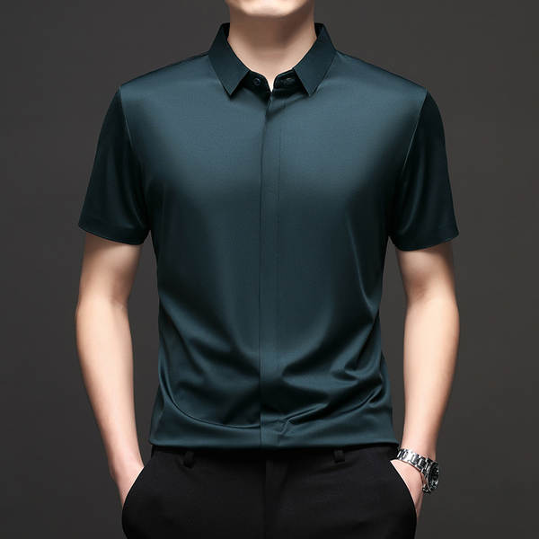 Camiseta de couro curto para homens moda 2026 verão resiliência de negócios de lazer pura camisa de gelo para homens