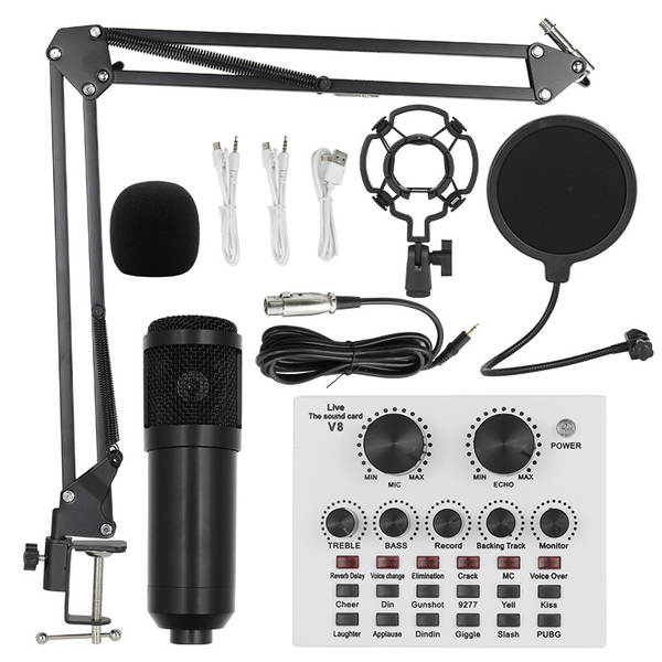 Transfronteiriço V8 Inglês de transmissão ao vivo da placa de som bm800 microfone bater de braço do telefone celular kit de cartão de voz podcast completo