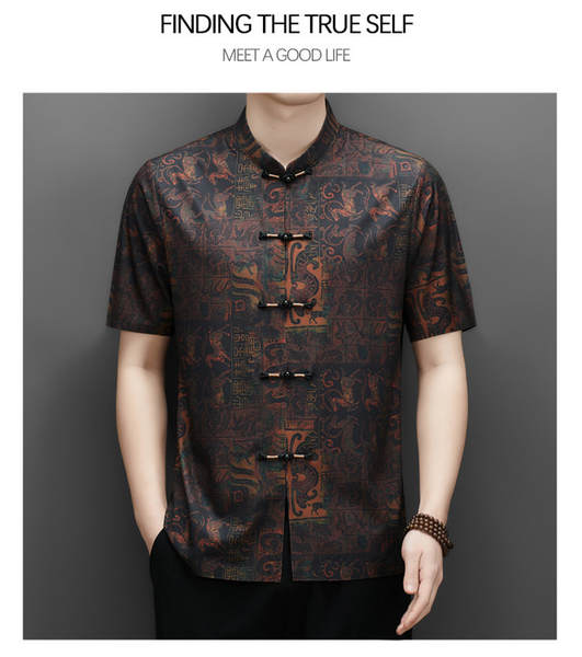 2026 verão velho homem chinês pai vestido de chinês velho de mãos curtas homem vestido de estilo nacional camisa masculina